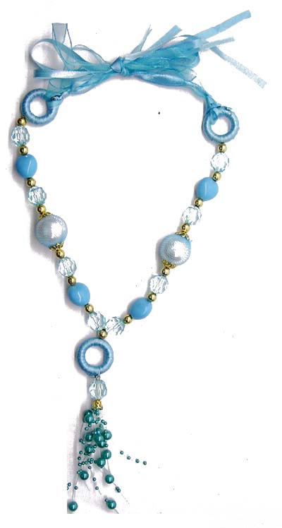 Bridal fashion wear accessory wholesale shop. Crafted fashion necklace has blue imitation pears, beads, and crystals 