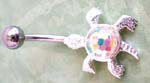 Discount body jewelry supply shopping. Translucent rhinestone in center of silver turtle designed navel ring