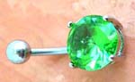 Body piercing wholesale shop. Emerald green cz gem at end of surgical steel navel barbell for belly ring wear or eyebrow fashion 