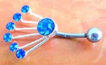 Punk pierced jewelry distribution wholesale. surgical steel navel barbell with fanned arms embedded with royal blue gems