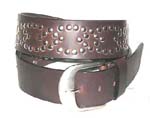 Mens and womens apparel accessory supply store. Brown leather fashion belt with studded designs and silver buckle 