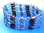 Hematite wrap wholesale company distributes trendy hematite stones place between intersperse blue, imitation pearls and blue beads.