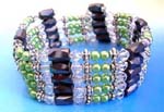 Beaded hematite jewelry factory supplies retail shops. Necklace or bracelet wrap with large hematite stones, light green imitation pearls, silver and clear crystal beads