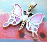 Mother of pearl jewelry wholesale shopping distrbutor. Silver plated butterfly pendant with pink mother of pearl stones inlaid in wings