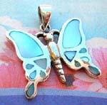 Buy mother of pearl wholesale jewelry fashions. Blue mother of pearl gems in wings of silver plated butterfly pendant