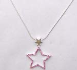 Wholesale cz jewelry fashion wear. Silver plated star pendant  with pink cz gemstones hanging on silver necklace